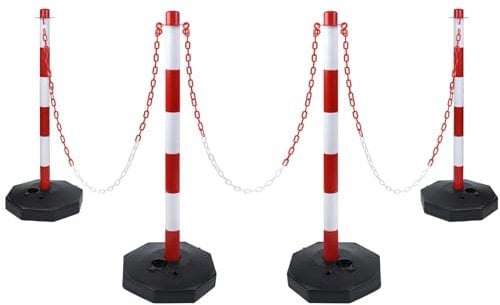 Aufun 4 Stück Absperrpfosten 82x28x28 cm Kettenpfosten aus Kunststoff Absperrung Sperrpfosten mit 1,4 m Absperrketten und Standfuß für die Verkehrskontrolle oder Warnung an der Auffahrt, Garage, dem