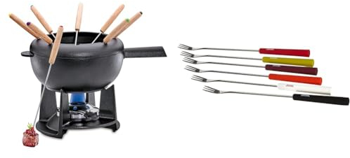 Spring Gusseisen Fondue Set schwarz | Ø 20 cm & 2890260606 Käsefondue-Gabeln Basic bunt 6 Stück, Edelstahl, Silber, 2 x 12 x 27,5 cm