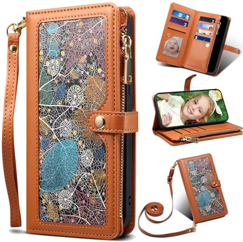 BAILI Custodia a Portafoglio con Cerniera per TCL 20 PRO 5G, Modello a Foglie, Cover Chiusura Magnetica per TCL 20 PRO 5G-Marrone