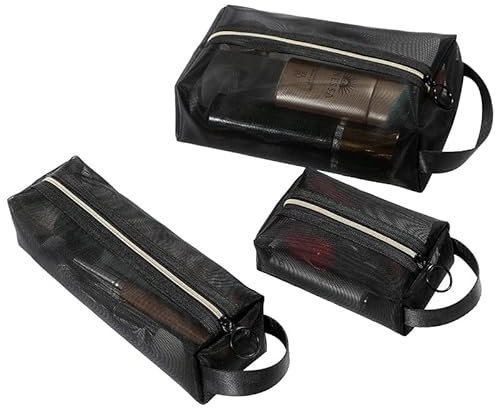 Qirc Clear Mesh Makeup Bag, Cosmetic Pouch Bags, Travel Toiletry Bag with Zipper, Portable Bag Organiser Make Up Pouches for Women Ladies Girls Home Office Travel Beach (Black 3PCS Square)