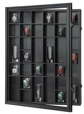 Sboitflmm 34 Schnapsglas Vitrine - Schnapsglashalter - Wandhalterung Holz Schwarz mit UV Schutz Acryl Tür