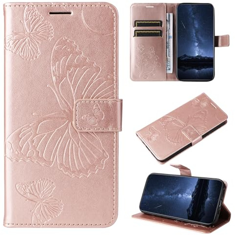 DENDICO Cover per iPhone 14 Plus, Antiurto Cover a Libro con Slot per Carte, Portafoglio Custodia in PU Pelle per iPhone 14 Plus, Oro Rosa