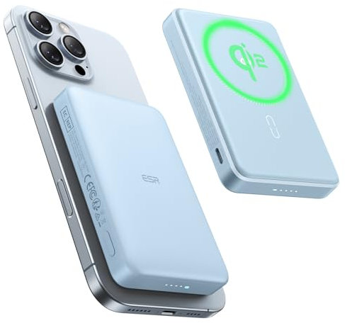 ESR Power Bank MagSafe Certificato Qi2, Capacità di 10,000mAh a 15W, Ricarica Rapida, Display LED, Caricatore Portatile Ultracompatto, Cavo USB-C per iPhone 16/15/14/13/12, Blu