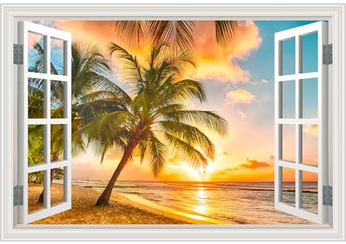 Fake Window Wall Sticker Mural - Summer Beach Coconut Trees Ocean Landscape Decal Faux Window Poster Picture Open Art Decor, Stick and Peel Wallpaper Natural Scenery Seascape Scene （16x24）