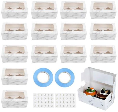 14Pcs Clear Window Cardboard Cake Boxes, Food Grade 2 Hole Cupcake Boxes, White Bakery Boxes with Window and Insert, Pop Up Cupcake Carrier with 24 Stickers 2 Ribbon Roll for Pastry Cookies Desserts