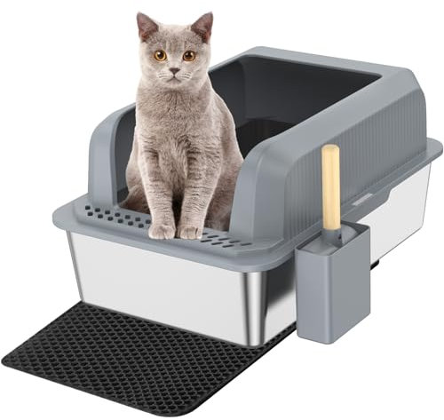 TAIKURA Caja de Arena para Gatos de Acero Inoxidable Antiolores 60x40,6x30,45 CM con Tapa Hermética Extra Grande 10L Bandeja con Bordes Altos, Duradera y Fácil de Limpiar