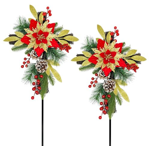 TWITTOOLS 2 Sets Weihnachten Friedhof Blumen Kreuz Grab Glitzer Gedenkstätte Weihnachtsstern Blumen Kreuz Pfahl Weihnachtskreuz für Friedhof Grabstein Dekor