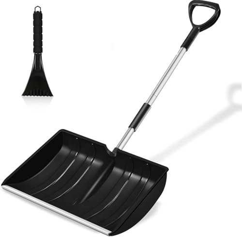 Hmseng Grande pelle à neige super facile et réglable - Bord en aluminium - Manche en aluminium - Avec poignée en D - Noir