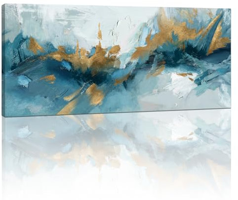 Mit Rahmen Großes Leinwandbilder Bilder Abstrakt See Blauer und Gold bild auf leinwand Wandkunst Modern Wandbilder XXL Kunstdruck Deko für Wohnzimmer Schlafzimmer Heimbüro zum Aufhängen 120x50cm