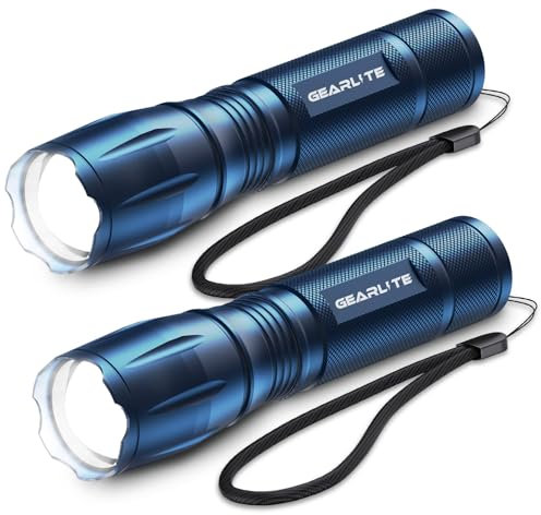 GEARLITE LED Taschenlampe Batteriebetrieben 2 Stücke, 2000 Lumen Extrem Hell Mit 5 Modi, IP65 Wasserdicht für Kinder, Camping, Outdoor - Blau