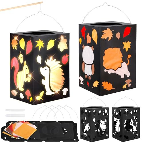 MONCAP 4 Stück Herbst Laternen Bastelset Kinder Herbst Basteln Papierlaternen Tier Kreativsets Herbsttier Laternen Papierbastelset für Jungen Mädchen Herbst Party Geschenk Sankt Martin Laternenumzug