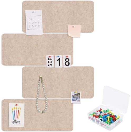 Filz Pinnwand Selbstklebend Korkplatte Pinnwände 43 x 20cm, 4 Stück Bulletin Board mit 30 Pushpins, Filzboard Wanddekoration für Wände, Zuhause, Büro, Foto Hängen, Zeitpläne (Kamel)