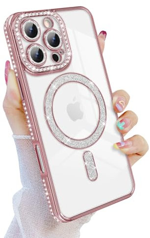 Newseego Custodia Magnetica Glitterata per iPhone 16 Pro Max [Compatibile con Magsafe], Fotocamera Protettore Antiurto Diamanti Bling Morbido TPU Cover Ragazze Donne per iPhone 16 Pro Max-Rosa