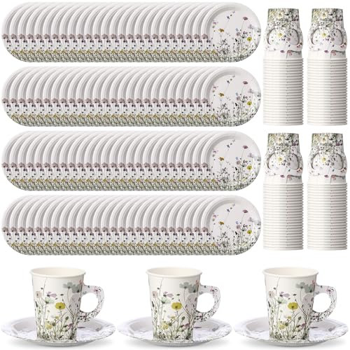 Rtteri Papier-Teetassen und Untertassen mit Blumenmuster, Einweg-Teeparty-Zubehör, 266 ml, Frühlings-Wildblumen, Teetassen mit Griff und Tellern, für Hochzeit, Geburtstag, Babyparty, Damenparty, 100