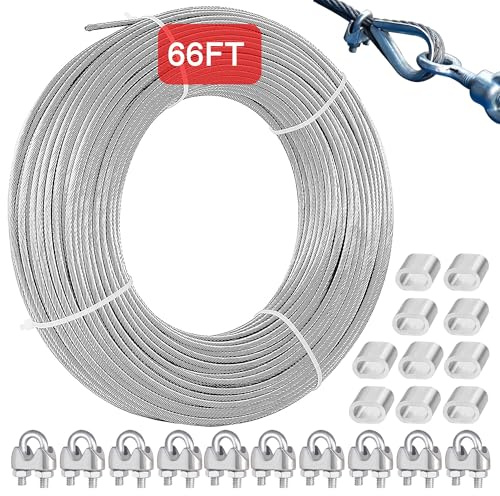 2mm 20m Stainless Steel Garden Wire Rope for Climbing Plants, PVC Coated 304 Steel Fence Cable with 10 Wire Rope Clamps, Durable Steel Cable for Plant Support, String Lights, and Hanging Lights