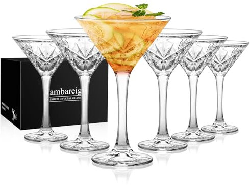 Cambareign Martini Glasses Set of 6, 180ml Crystal Cocktail Glasses, Lead-Free Martini Glass for Espresso, Margarita, Cocktail, Champagne, Gin, Wine, Party Drinks