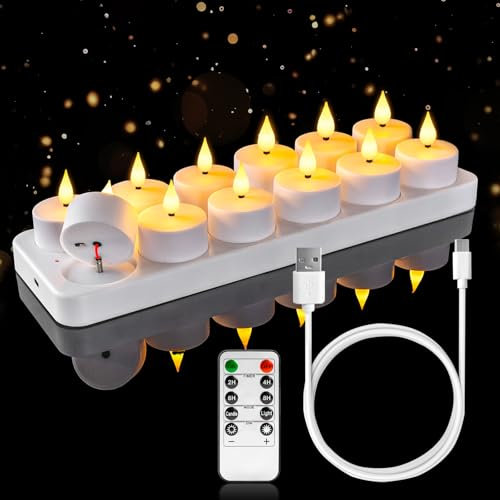 Homemory LED 12er Teelichter Wiederaufladbar mit Fernbedienung Ladestation, Aufladbare LED Teelichter Kerzen Flackernd mit Timer für Party Zimmer Halloween Weihnachten Deko