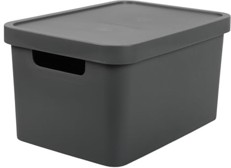 Plastic Large Storage Box with Lid, 31L Capacity, Solid Matte Colour, Decorative Design with Handle, Stackable & Nestable Space-Saving Organizer for Home & Office – 45.5 x 33.5 x 25 cm (DARK GREY)
