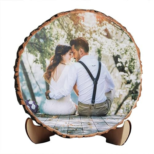 Personalisierte Baumscheibe mit Fotogravur und Text Bedrucken, Naturholz Geschnitten Hochzeitsgeschenk Holzscheibe mit Bild, Personalisierte Geschenke Jahrestag Geburtstag Geschenk(Arc Triangle frame)