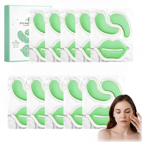 10 Pcs Parches Ojos Aloe Vera, Con Mascarilla Labial, Parches Eye Bolsas y Ojeras, Mascarillas Aloe Vera Ojos, Elimina Bolsas e HinchazóN de los Eyes, Hidrata el Contorno de Eyes