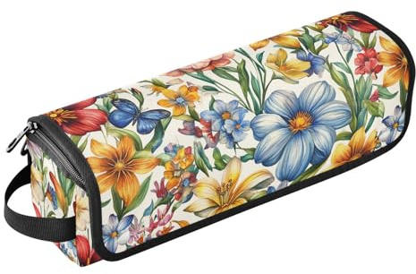 KLL Organiseur 2 en 1 pour outils capillaires avec tapis de fer, étui de transport double couche pour fers plats, lisseurs, fers à friser, fleurs d'automne, fleurs de lys, papillons, abeilles, blanc