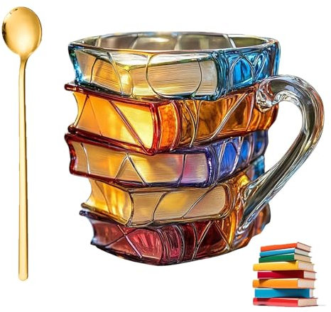 Tazza con libro dipinto, 2025, tazza da caffè dipinta in 3D, design unico, biblioteca, tazza a forma di pila, bicchieri carini per lettori, scrittori, bibliotecari, regali per donne (#A 1 (con