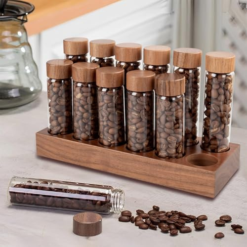 Guolich Single Dose Coffee Bean Storage 12 Tubes with Walnut Solid Wood Base Holder，coffee storage Container Display Stand and Funnel.