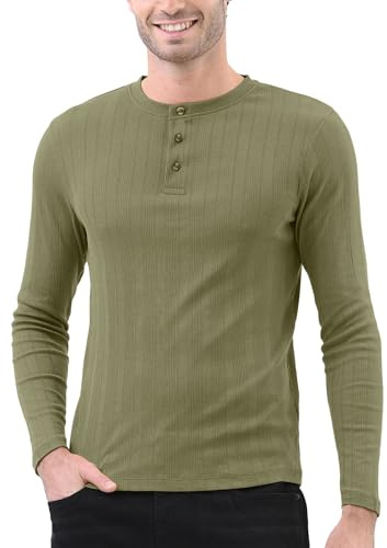 Enorsia Men's Button Detail Half Placket Long Sleeve T-Shirt Slim Fit Crew Neck Tee with Long Sleeves - Casual & Smart Everyday Top (L, Green)