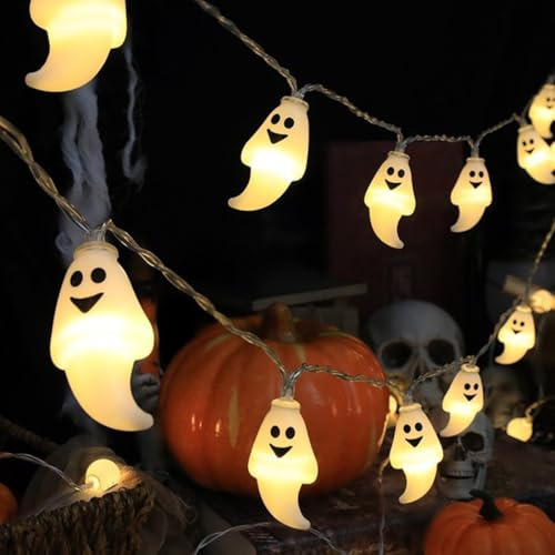 ZOMKIFA Halloween Lichterkette, 3m 20LED Halloween Gespenst Lichterkette, Halloween Deko & Herbst Deko Lichterkette für Erntedankfest, Halloween - Weißes Gespenst