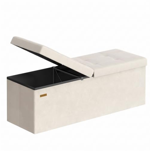SONGMICS Storage Ottoman, Foldable Storage Bench, 38 x 110 x 38 cm, Flipping Lid, 300 kg Load Capacity, for Hallway, Living Room, Bedroom, Velvet Fabric, Cappuccino Beige LSF078LH02