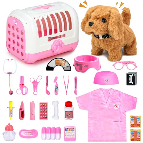 UBeesize 31Pcs Arztkoffer Kinder, Tierarzt Spielzeug Kinder Interaktiver | Mit Elektrischer Hund Spielzeug der Läuft und Bellt, Stethoskop, Thermometer für Tierarzt Spielzeug Kinder ab 3-5 Jahre Rosa