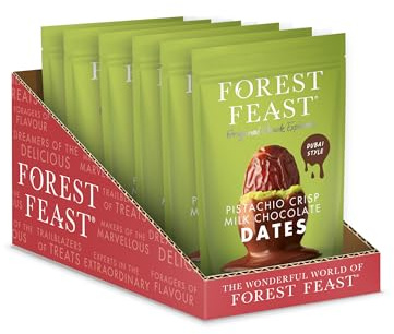 Forest Feast Pistachio Crisp Dubai Style Milk Chocolate Dates, 6 x 120g - Milk Chocolate Coated Dates with Pistachio Crisp
