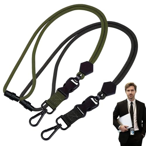 Livawnd 2 Pack of 23 inch Durable Round Cord Adjustable Lanyard with Safety Breakaway Buckle, Detachable Buckle and Heavy Duty Metal Hook for ID Card Badge Holder and Keys - Black and Army Green