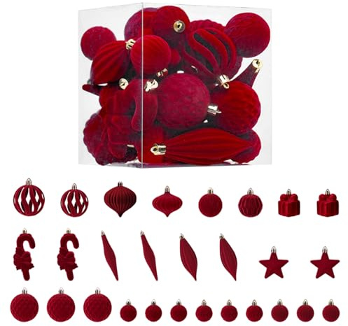 Weihnachtsschmuck-Set, 28-teilig, bruchsicherer Samt-Weihnachtsbaumschmuck für Weihnachtsbaum, Feiertagsparty-Dekoration, Weinrot.