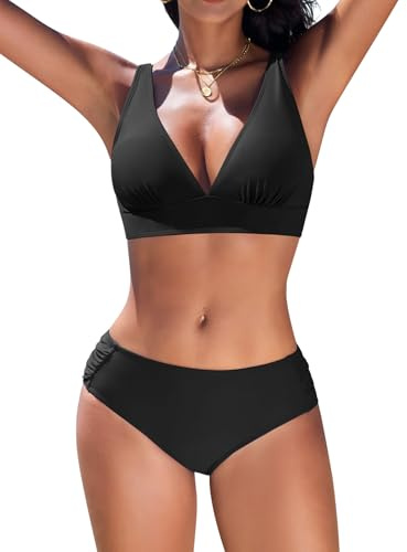 Nadeer Damen Bikini Set V Ausschnitt Lace Up Zweiteiliger Bademode Push Up Badeanzug Mid Waist Bauchweg Swimsuit