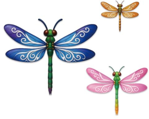 GOMAKERER 3 Stück Bunte Libellen Wanddekoration Libelle Aus Holz, 3 Größe Markanten Flügeln Wanddekoration Mit Insektenmotiv Für Zaun Garten Hof Balkon Schlafzimmer Wohnzimmer