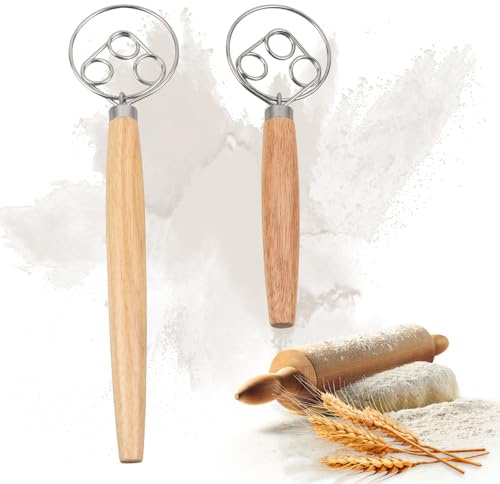 Lot de 2 Fouets à Pâte Danois, Mélangeur Manuel en Acier Inoxydable 304 avec Manche en Bois, Fouet à Pain pour Pâte à Pizza, Gâteaux, Pâtisserie et Pain Maison