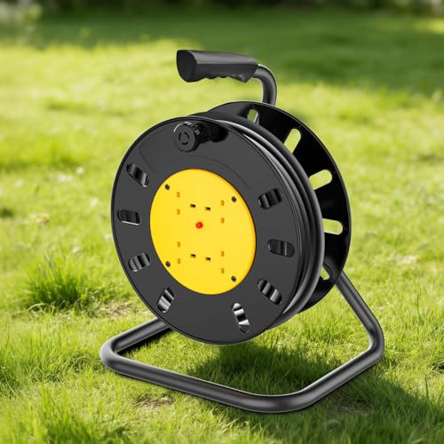 Outdoor 4 Socket Cable Reel Extension Lead with Winding Handle, 25m Heavy Duty Wind-Up Power Retractable Cord Reel, Thermal Cut Out, Four Socket Garden Extension Cable for Garden Workshop Power Tools