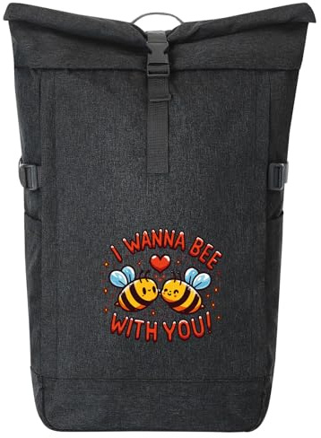 Huuraa Kurierrucksack Wanna Bee with you. Bienen Geschenk | 30-44 Liter Backpack Black Melange Fairtrade Rolltop Rucksack Geschenkidee Schwarzer Laptop-Rucksack passend für 17-Zoll