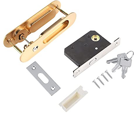 cerradura de puerta plegable,Cerradura de puerta de bolsillo con llave, manija de cerradura de puerta corredera antirrobo para accesorios de herrajes para muebles de madera de granero[Oro], Cerr