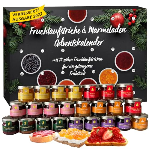 Adventskalender 2024 Marmelade, 24 verschiedene Fruchtaufstriche im Glas á 25g, Frühstück Adventskalender 2024, Frühstückskalender für Weihnachten