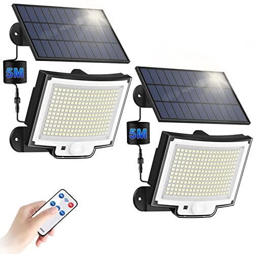 Luz LED Solar con Sensor de Movimiento【228LED/3 Modo】y con Mando a Distancia, Luces de seguridad Potentes con un Cable de Extensión de 5M para el jardín y exterior