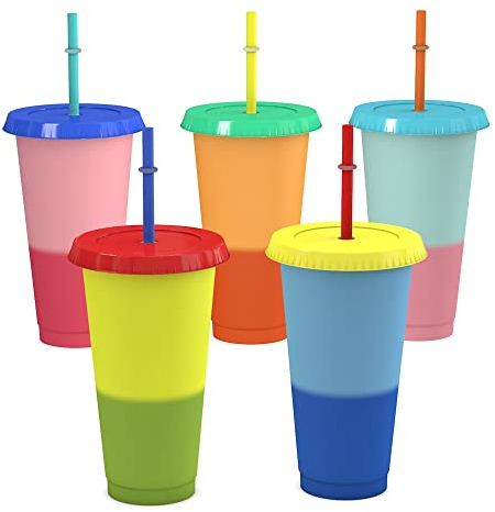 IGRARK Tazas con Tapas y Pajitas, 5Pcs 720ml Taza de Viaje Mágicas que Cambian de Color, Taza de Café Helado a Granel, Vaso de Plástico Reutilizables para Fiestas Niños y Adultos