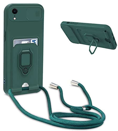 Leather Armor Handykette Hülle für Samsung Galaxy A7 2018,Portemonnaie-Stil und Metall Ring Halter Handy Cover,Verstellbarer Halskette Handyhülle,Lens Protection Slide Camera Cover -Grün