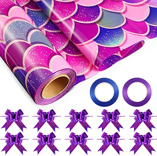 Geyee Meerjungfrauen-Geschenkpapier, aufgeklappt, 81.3 cmx30.4 m, Zellophan-Rolle, 2.5 mm mit lila Schleife, Band, Meerjungfrau-Thema, Geschenkverpackung für Kinder, Mädchen, Babyparty, Partyzubehör
