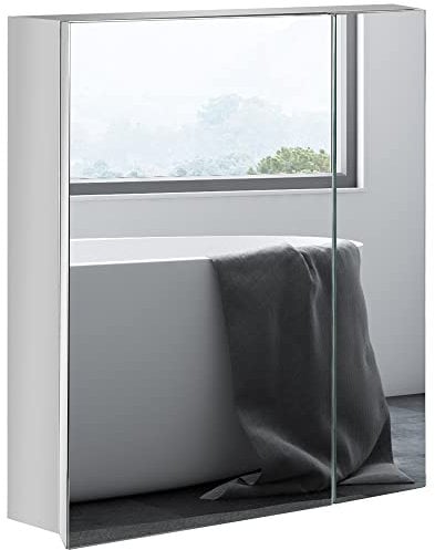 kleankin Bathroom Mirror Cabinet, Stainless Steel Wall-Mounted Bathroom Storage Cabinet with 2 Hinged Doors and Shelves for Laundry Room, 54W x 60Hcm, Silver