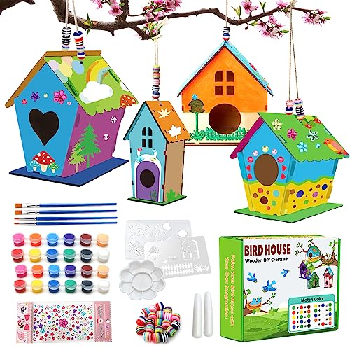 4 Pack Bird House Crafts for Kids Ages 5-8 8-12, Buildable DIY Birdhouse Kit for Children to Build, Art Craft Wooden Toys, Craft Projects with Paint,Brushes,Draw Board, Children's Day Gift Boy Girl