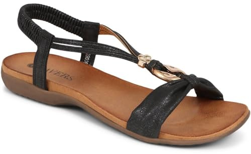 Pavers Women's Flat Strappy Sandals in Black - Peep Toe Casual Shoes with Wider D/E Fit - Comfortable Ladies Summer Footwear - Size UK 7 / EU 40