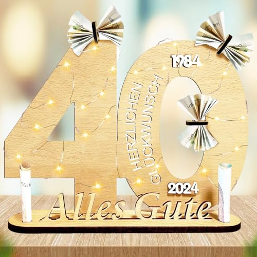 Geschenke zum 40 Geburtstag, 40 Geburtstag Geschenk, 40 Jahre altes LED-Holzornament, Geldgeschenke Geburtstag, 40 Alles Gute Tischdeko mit Led Lichterkette, Coole Geschenkideen zum 40. Frauen Männer