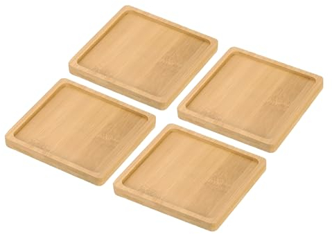 PATIKIL Soucoupe en Bois de Bambou, Lot de 4 Soucoupes Carrées en Bois de 10x10 cm pour Plantes Bonsaïs et Pots Succulents pour la Maison et Le Balcon